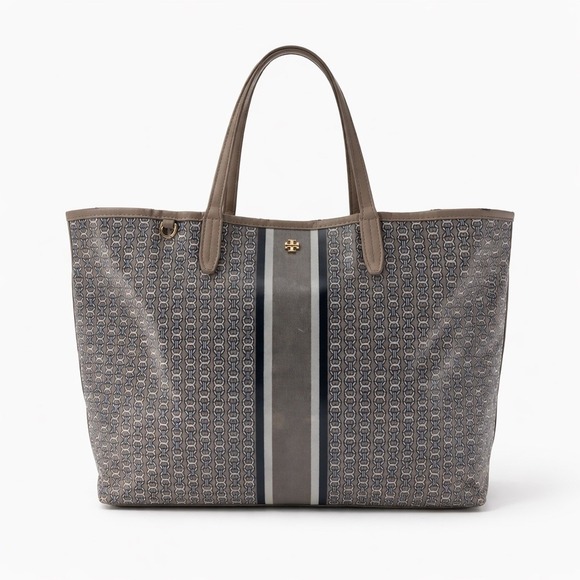 Tory Burch Handbags - Tory Burch Gemini Link Canvas Tote French Gray Navy Stripe Large Shopper AS IS